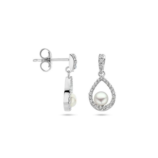 Zilveren Oorhangers parel en zirkonia